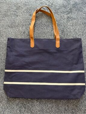 White House Black Market Navy Tote with White Stripes and Tan Leather Handle